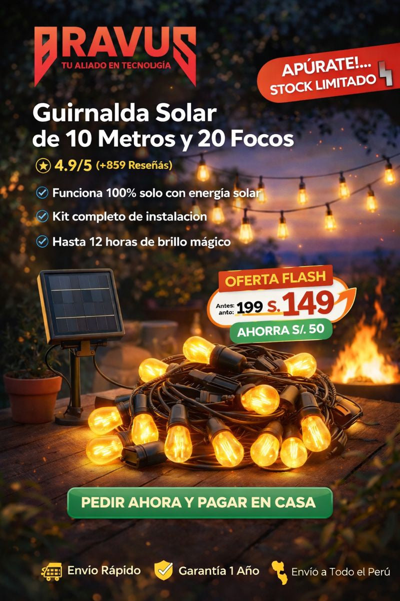 Guirnalda de 10 Metros con 20 Focos (Solar y Eléctrico)
